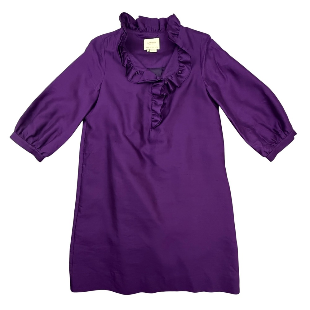 Kate Spade Briella Dress Women Small Purple Silk Blend Ruffle Neck Shift Pockets